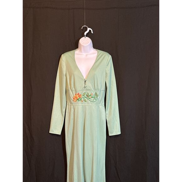 ESTINO VTG 60/70’s Disco Retro Lime Embroidered Flowers Flare Leg Jumpsuit 13/14 - Picture 2 of 16